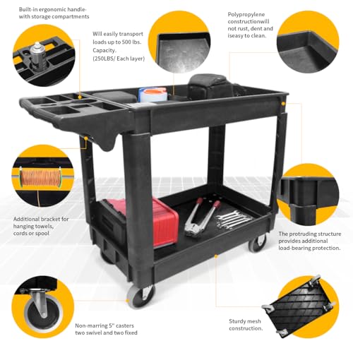 MaxWorks 50993 500-lb Utility Service PP Cart with Two Trays and Wheels 40 inch x 17 inch Overall Dimensions - style: 2 Trays (500-lb Capacity)