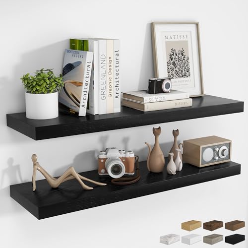 RICHFOCUS 40Inch Floating Shelves for Wall 2 Pack Shelves for Bedroom|Kitchen|Bathroom Wall Mounted Rustic Wood Floating Shelf with Invisible Brackets for Books|Storage|Decor, Black - color: Black, size: 39.4"L x 8"D, Set of 2