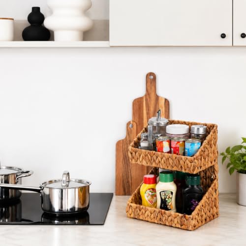 Pumtus 2-tier Handwoven Storage Basket, Water Hyacinth Standing Rack, Kitchen Countertop Organizer, Hanging Bathroom Basket, Fruit Vegetable Holder, Storage Shelf for Home Organization