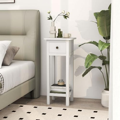 Giantex Narrow End Table with Drawer, Tall Acacia Wood Side Table with Bottom Shelf, Modern Bedside Tables, 2-Tier Nightstand for Small Spaces Bedroom Living Room, No Assemble Required, White - color: White