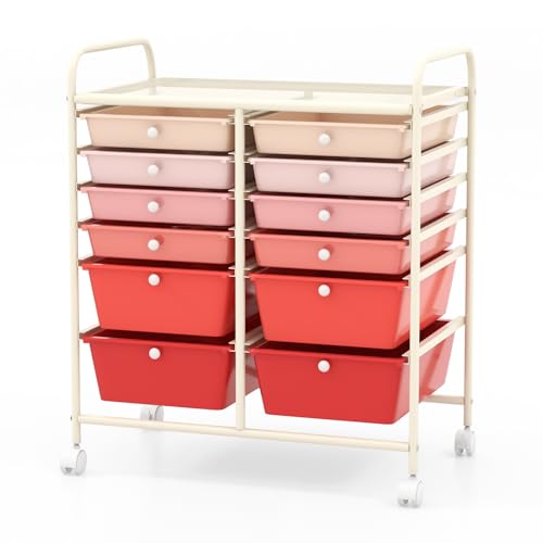 COSTWAY 12-Drawer Rolling Storage Cart, Moveable Art Craft Organizer | Lockable Wheels, Metal Shelf, Files Arrangement Tools Makeup Storage Cart for Office, Home, School (Mixed Pink) - color: Mixed Pink, size: 12 Drawer