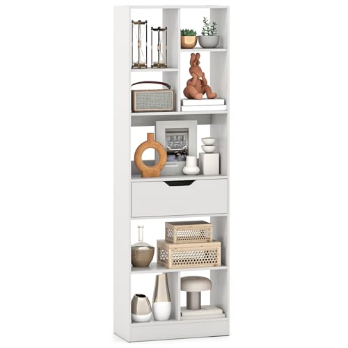 Giantex 7-Tier Bookcase with Drawer, 61” Tall White Freestanding Storage Organizer with 8 Cubes, Multifunctional Open Bookshelf Display Rack with Anti-Tipping Kits for Living Room Home Office - color: White, size: 7-Tier