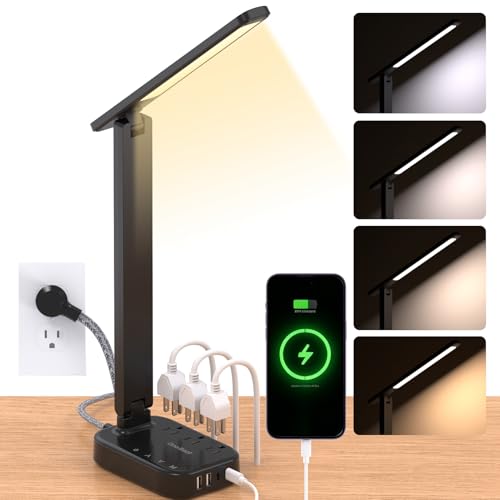 One Beat Small LED Desk Lamp Power Strip 5ft Extension Cord with 3 Outlets 4 USB Ports(2 USB C), 4 Modes, 5 Level Touch Lamp Study Reading Light, Home Office Bedroom College Dorm Room Essentials,Black - color: Black, size: 5 Ft