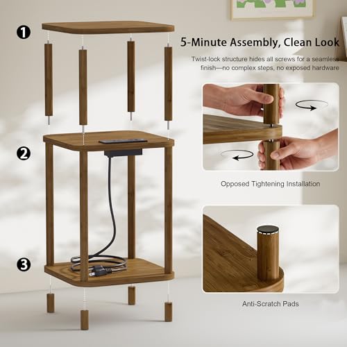 Bamboo End Table with Charging Station, Side Table for Small Space, Small Table Stand, Narrow Wooden Bedside Table Nightstand with Shelves, for Nursery, Living Room, Bedroom, Brown - color: Brown