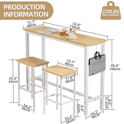 Finnhomy 52.7" Industrial Bar Table Set with 2 Stools - Counter Height Dining & Pub Table for Small Spaces, Kitchen, Apartment, Breakfast - Metal & Wood, Space-Saving Furniture - Oak Beige and White - color: Oak Beige+white, size: 52.7" Bar Table
