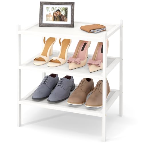 Smiry Bamboo Small Shoe Rack, 3 Tier Shoe Organizer for Closet, White | Stackable Shoe shelf for Entryway, Free Standing Storage for Shoes, Bags & Plants, with Solid Slab Shelves - color: White, size: 3 Tier-17.32" Wide