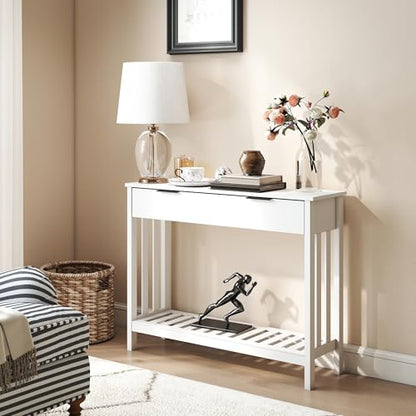 TaoHFE White Narrow Console Table with Drawer Storage Shelf, Modern Wooden Entryway Sofa Table, 39 Inch Slim Behind Couch Table, Side Display Console Table for Living Room,Office,White - color: White