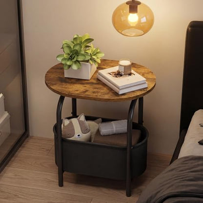 RALGEND Small Round Side Table with Fabric Basket Storage, Oval End Table for Small Spaces, Modern Coffee Bedside Table, Couch Side Table for Living Room, 15.7" X 11.8" X 24", Rustic Brown 8601BZBF - color: Rustic Brown and Black