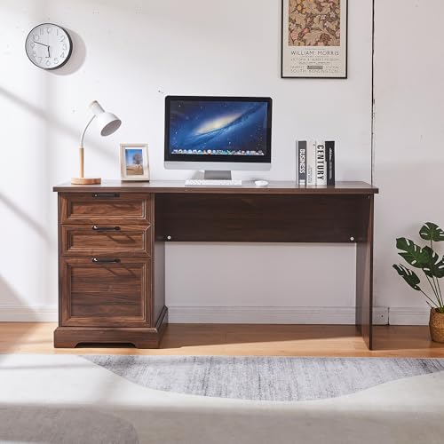 60" Farmhouse Executive Desk with Charging Station,Home Office Desk with 2 Drawers &1 File Cabinet,Wood Work Desk for Office and Home (Brown) - color: Brown