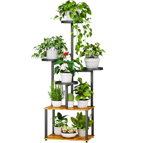 Plant Stand 6 Tier Indoor Metal Plant Shelf for Multiple Plants Corner Tall Flower Holders for Living Room Bedroom Patio Balcony, Black (6 Tier-Extra Large-Black+Rustic Brown) - size: 6 Tier-Extra Large-Black+Rustic Brown