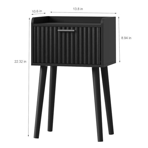 LAATOOREE Nightstand Set of 2, Small Bed Side Table with Fluted Door, End Table with Solid Wood Legs, Mid-Century Bedside Table for Bedroom Small Space - color: Black, style: Fluted Style