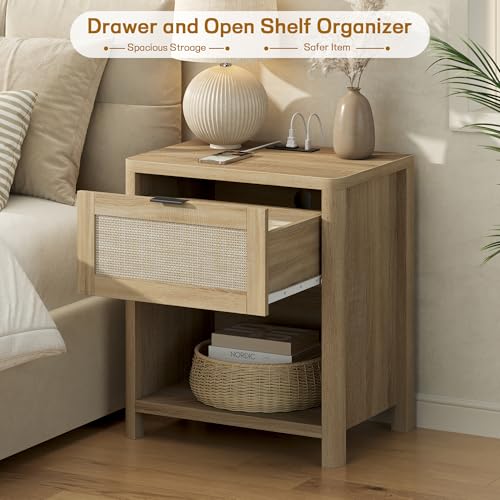 Boho Nightstand with Charging Station, Large Bedside Table with Drawer & Open Storage Shelf, Mid-Century Modern End Table Rattan-Look Drawer, Accent Side Table with Rounded Corners for Bedroom - size: 23.6"D x 22"W x 15.74"H(1-Drawer)