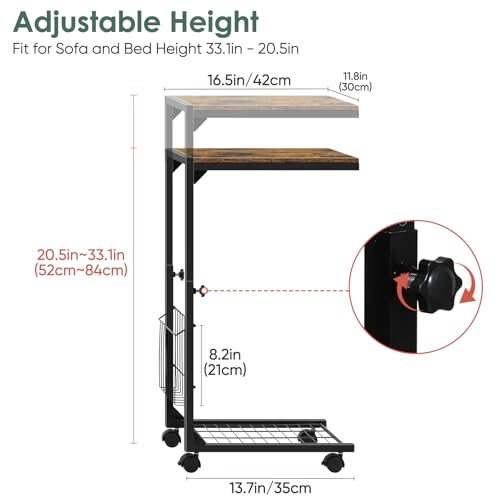 C Shaped Side Table Small End Table with Wheels Slide Under Couch Table for Sofa C Table with Metal Frame Adjustable Height Sofa Table for Living Room Bedroom Small Space, Rustic Brown - color: Rustic Brown