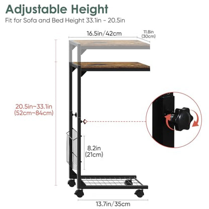 C Shaped Side Table Small End Table with Wheels Slide Under Couch Table for Sofa C Table with Metal Frame Adjustable Height Sofa Table for Living Room Bedroom Small Space, Rustic Brown - color: Rustic Brown