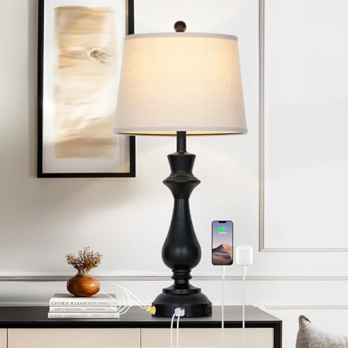 Touch Lamps for Night Stand - 29.5" Tall Bedside Lamp with USB C+A, 3 Way Dimmable Bedroom Lamps, Black Metal Table Lamps for Living Room,Single Black - color: Black-1P