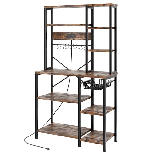 GRUSIGN Kitchen Bakers Rack with Storage, 6-Tier Coffee Bar Station with Power Outlet, Microwave Stand with 12 S-Shaped Hooks, Open Kitchen Storage Shelves for Spices, Pots and Pans, Rustic Brown