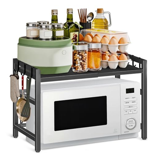 Microwave Oven Rack, 2-Tier Heavy Duty Adjustable Shelf Microwave Stand, Expandable Kitchen Countertop Shelf Organizer with 6 Hooks, 110lbs Weight Capacity for kitchen organizers and storage, Black - size: Adjustable 2 Tier