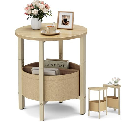 Vagusicc Small Round Side Table End Table, Tall Accent Table with Storage Basket, Set of 2 Half Round Tables Half Moon Tables, Coffee Bedside Tables, Modern Nightstand for Living Room Bedroom,Natural - color: Natural Walnut