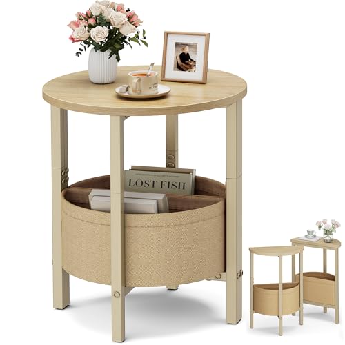 Vagusicc Small Round Side Table End Table, Tall Accent Table with Storage Basket, Set of 2 Half Round Tables Half Moon Tables, Coffee Bedside Tables, Modern Nightstand for Living Room Bedroom,Natural - color: Natural Walnut