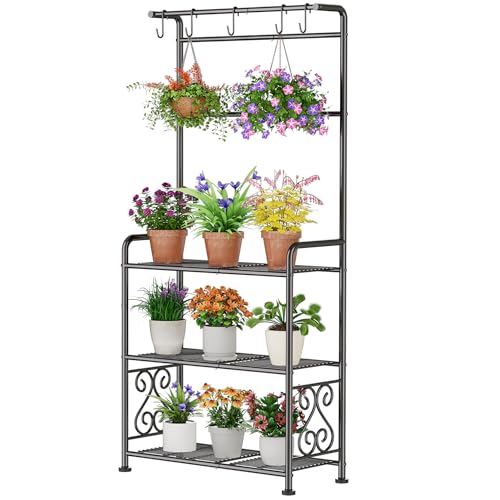 Plant Stand Indoor Outdoor Heavy Duty Metal - 56.4" Tall 3-Tier Shelf for Multiple Plants, Flowers, Rustproof Black Storage Rack for Patio, Balcony, Living Room, Garden, Includes Hooks&Adjustable Feet - size: A-3Tier-2Hanger