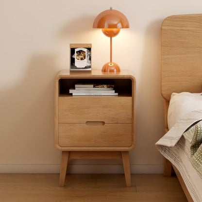 100% Solid Oak Wood Nightstand with 2 Drawers, Mid Century Modern Night Stand with Open Shelf, Wooden Nightstand, Small Night Stand for Small Spaces, Oak Bedside Table for Bedroom(23.23" H) - color: Natural Oak, style: 2 Drawer & Open Storage-1