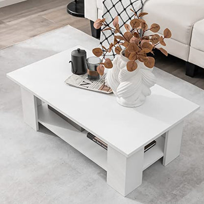 Tangkula 2-Tier Coffee Table, Modern Rectangular Center Cocktail Table with 5 Support Legs, Wooden Accent Living Room Furniture, Small Coffee Table for Small Spaces, Easy Assembly (White) - color: White