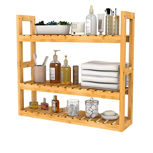 Domax Bamboo Bathroom Shelf 3-Tier Wall Mount Storage Rack Multifunctional Adjustable Layer Free Standing Over Toilet Utility Shelves Living Room Kitchen (Bamboo) - color: Bamboo