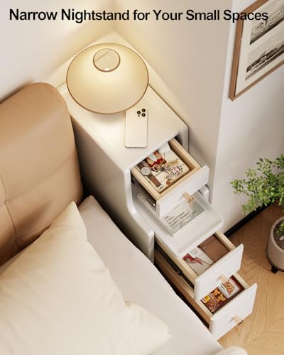 Solid Wood Narrow Nightstand with 3 Drawers,Modern White,Fully Assembled | Narrow night stand,gold handles,open Shelf,skinny bedside table,slim nightstand for bedroom storage,space-saving storage - color: White（15.75"d X 7.87"w X 23.62"h）