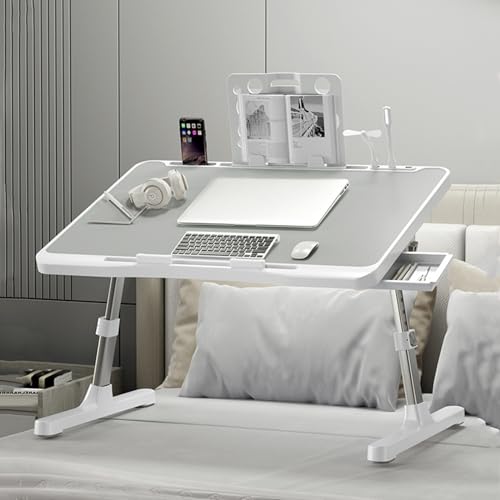 Laptop Desk for Bed, Adjustable Beds Table with USB Charge Port, Foldable Lap top Table with Storage Drawer, Portable Laptops Bed Desk Tray for Eating Working Writing Reading - color: Silver