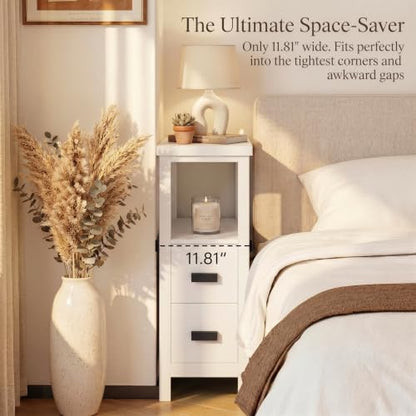 Narrow Nightstand with Charging Station, 24.4" H Slim Side Table with 2 Drawers, Bedside Table for Small Spaces, Modern End Table with Low Profile Legs (White) - color: White