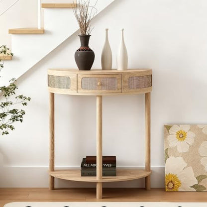 Wnutrees Rattan Half Moon Console Table, Modern Entryway Table with Drawer, Boho Sofa Table with Bottom Storage Shelf, Small Semicircular Tables for Hallway, Living Room, Natural - color: Natural