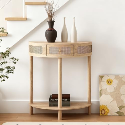Wnutrees Rattan Half Moon Console Table, Modern Entryway Table with Drawer, Boho Sofa Table with Bottom Storage Shelf, Small Semicircular Tables for Hallway, Living Room, Natural - color: Natural