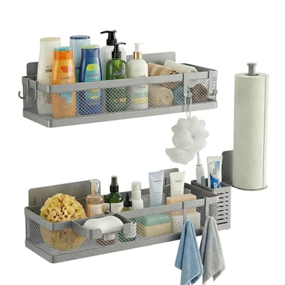 PUSDON 5-in-1 16.5" Extra Long Slim Wall Mount Wrapped Mesh Kitchen Organizer & Shower Caddy Kit, with Paper Towel Holder, Utensil Holder, Soap Dish, Holds 50LBS - Silver Gray, Netting - color: Silver Grey, size: 5-in-1 Full Mesh (16.5" Extra Long)