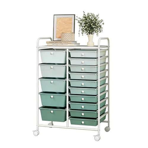 GLACER 15 Drawers Rolling Storage Cart, Steel Frame Craft Organizer Cart | Utility Cart w/ Lockable Wheels & Handle, Mobile Art & Tool Supply Trolley for Teacher, Home, School, Office (Green Gradient) - color: Green Gradient, size: 15 Drawers (5 Big +10 S