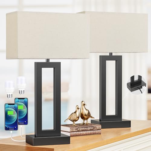 Seealle 22" Tall Living Room Lamps for Night Stands - Touch Bedside Lamp with USB C+A, 3 Way Dimmable Bedroom Lamps for End Tables Set of 2, Modern Night Stand Lamps for Bed Side(Beige&Black) - color: A. Beige&Black, size: Large(22in)
