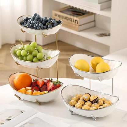 White Fruit Bowl with Silver Metal Stand, 2 Tier Modern Ceramic Fruit Bowl Fruit Rack for Kitchen Counter, Tiered Fruit Basket for Snacks Bread Candy Storage (White B,2 Tier) - color: White B,2 Tier