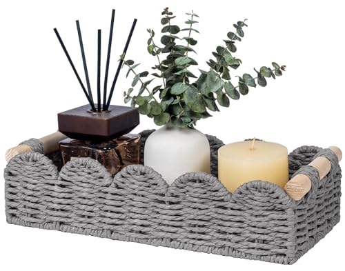 CubesLand Toilet Paper Storage Basket Organizer, Small Wicker Decor Basket | Toilet Tank Top Decorative Basket for Countertop, Handwoven Scalloped Basket W/Handle for Home Decor Living Room, Grey - color: Grey, size: s - 12.99 X 6.3 X 3.15in