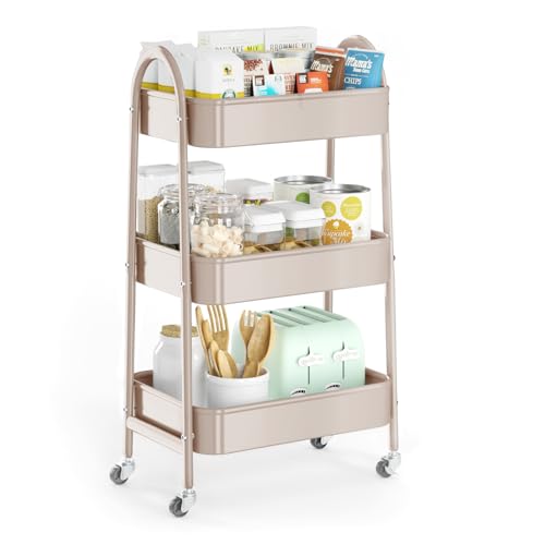 3 Tier Utility Rolling Cart, Metal Storage Cart with Handle and Lockable Wheels, Multifunctional Storage Organizer Trolley with Mesh Baskets for Kitchen, Living Room, Office, Garage (Beige) - color: Beige, size: Normal