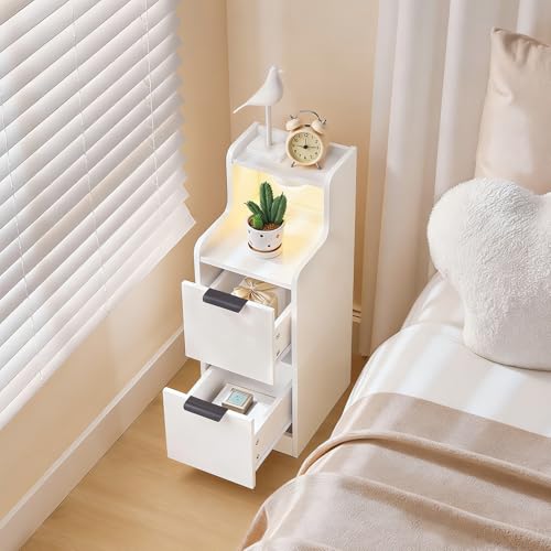 MAHANCRIS Narrow Nightstand with LED Light, Small Side Table with 2 Drawers, Open Shelf, Modern Bedside Table, Slim End Table for Small Spaces, Skinny Night Stand for Bedroom, White ETWT35E01 - color: White