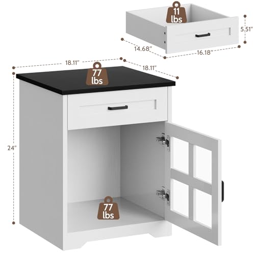 Farmhouse End Table Set of 2, 18" Square Side Table with Drawer and Barn Door Storage, Wood Couch Side Table for Living Room, Bedroom, White - size: 2PCS