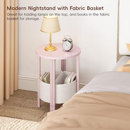 Vagusicc Small Round Side Table, Accent End Table with Storage Basket, Set of 2 Half Round Coffee Table End Table, Half Moon Bedside Table, Modern Nightstand Couch Table for Living Room Bedroom, Pink - color: Pink
