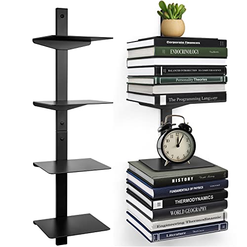 Floating Book Shelves for Wall, 4 Tier Invisible Floating Bookshelf, Vertical Spine Book Tower, Wall Mounted & Space Saving, Heavy Duty Metal Book Organizer for Home Office, 2 Pack Black - color: Black, size: 2PC-4 Tier