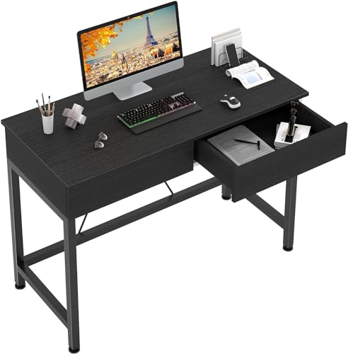 CAIYUN Small Computer Desk with Drawers, 39.4 Inch Home Office Desks with Storage, Simple Modern Kids Desk, Vanity Desk for Bedroom, Work Study Writing Desk Table for Small Spaces (Black, Wooden) - color: Black