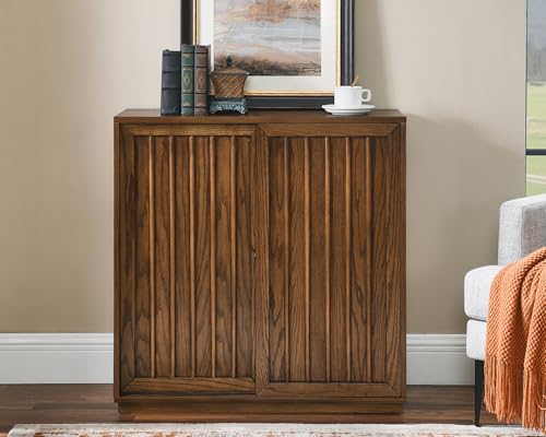 Mid Century Modern Sideboard Buffet Cabinet with 2 Fluted Sliding Door,Small Storage Cabinet with Outlet Holes for Living Room, Kitchen, Entryway, Hallway 32" Walnut - color: Walnut