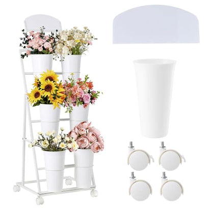 Flower display stand, three tiers with six vases, suitable for flower bars and indoor/outdoor celebrations. The flower cart display stand comes with a chalkboard and wheels (white). - color: White