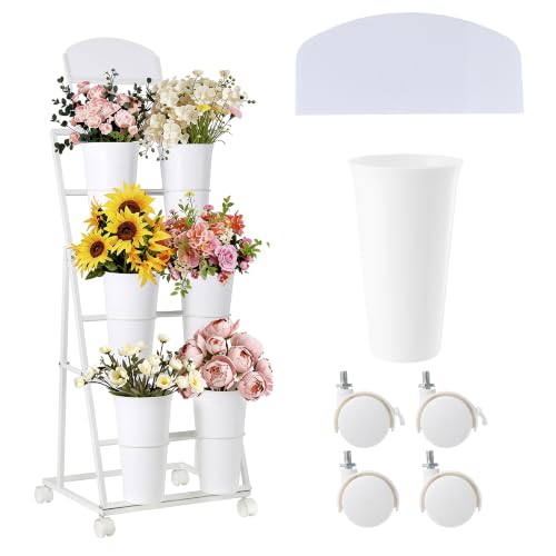 Flower display stand, three tiers with six vases, suitable for flower bars and indoor/outdoor celebrations. The flower cart display stand comes with a chalkboard and wheels (white). - color: White