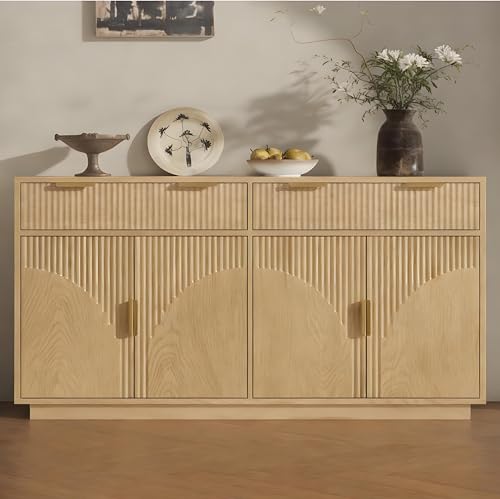 Fluted Buffet Cabinet with Storage, 55” Sideboard Cabinet with 2 Drawers | Modern Buffet Table with Arched Design Doors & Adjustable Shelves, Wooden Coffee Bar Accent Cabinet for Kitchen, Dining Room