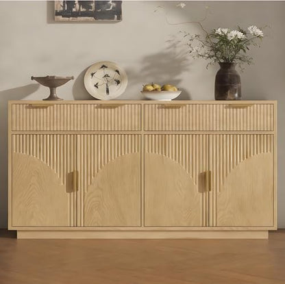 Fluted Buffet Cabinet with Storage, 55” Sideboard Cabinet with 2 Drawers | Modern Buffet Table with Arched Design Doors & Adjustable Shelves, Wooden Coffee Bar Accent Cabinet for Kitchen, Dining Room