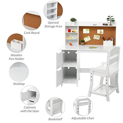 Garvee Kids Desk, Study Desk and Chair Set for Boys and Girl, Wooden Kids Writing Table with Bookshelf, Bulletin Board, and Cabinets for Ages 3-8 - color: Pure White, style: 2 Cabinets