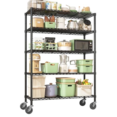 45" W x 20" D x 72" H Wire Shelving Unit with Lockable Wheels, 5-Tier Heavy Duty Garage Shelves, 400 lbs Per Shelf Capacity, Industrial Storage Rack for Garage Pantry Kitchen - color: Black, size: 45" L x 20" W x 76" H with wheels